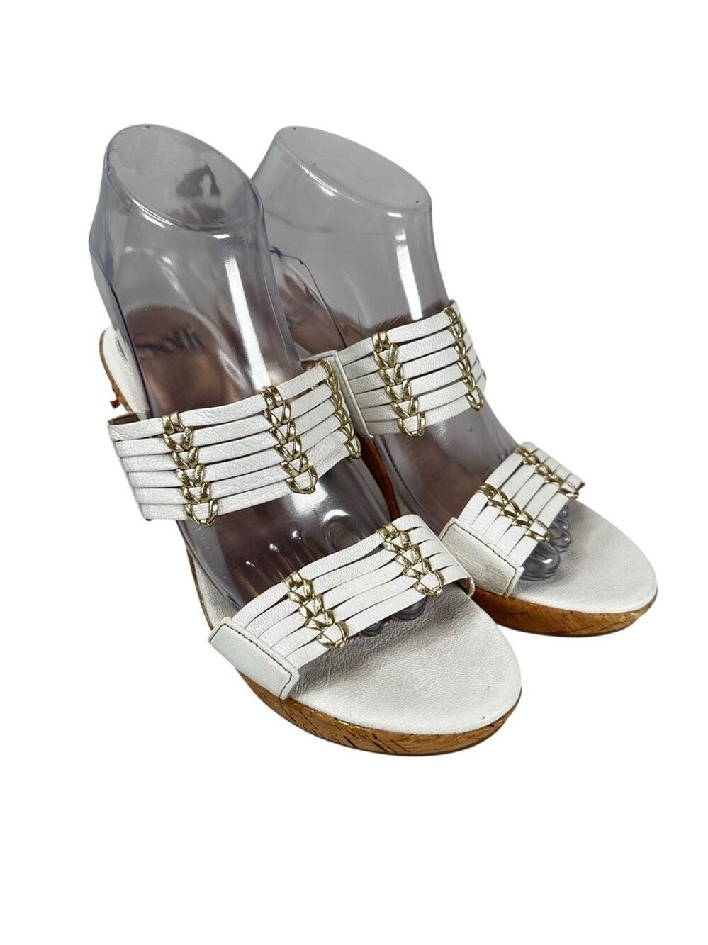 Sofft White Leather Cork Heels Womens 8M Strappy Sandals Gold Comfort